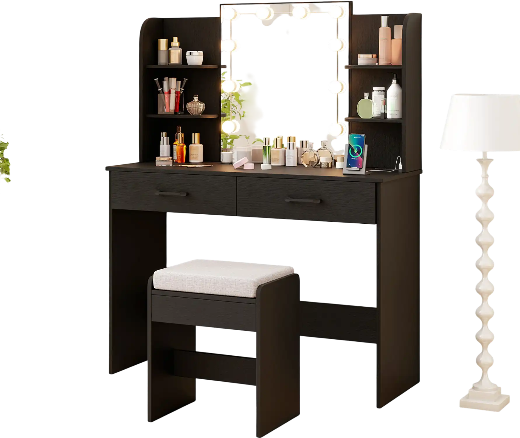 Costway Lighted Mirror Vanity Set with Stool Power Outlet Black 21396857 New