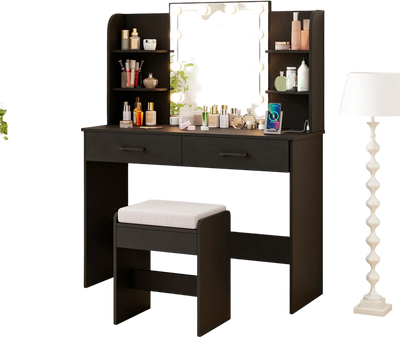 Costway Lighted Mirror Vanity Set with Stool Power Outlet Black 21396857 New