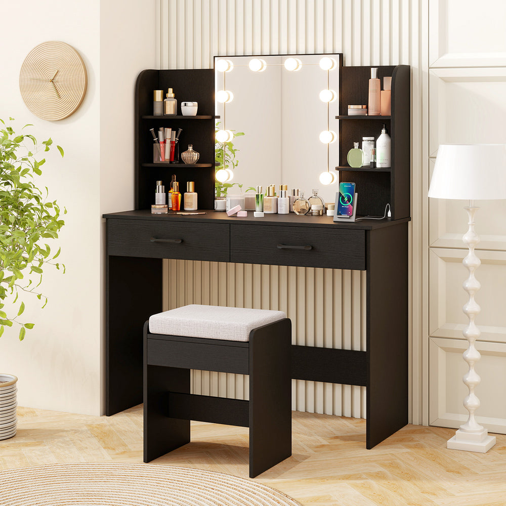 Vanity Set with Lighted Mirror and Stool with Power Outlet-Black - Gallery View 1 of 11
