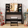 Black vanity set with a large lighted mirror, two spacious drawers, and four shelves for organized beauty storage.