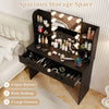 Vanity set in black featuring a lighted mirror, 4 open shelves, and 2 large drawers for efficient storage and.