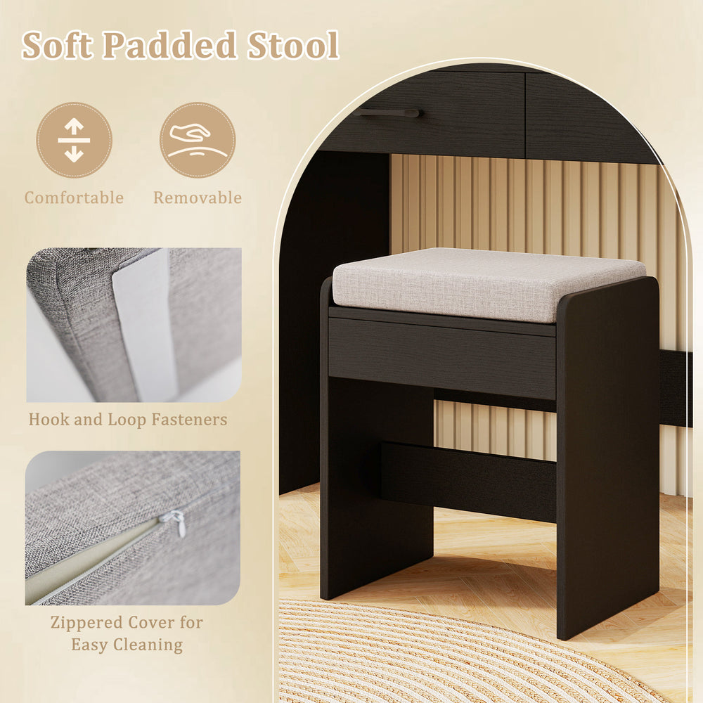 Cushioned stool with removable zippered cover and hook and loop fasteners for the Vanity Set with Lighted Mirror.