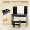 Vanity set dimensions featuring a lighted mirror, two drawers, and a cushioned stool for stylish storage and comfort.