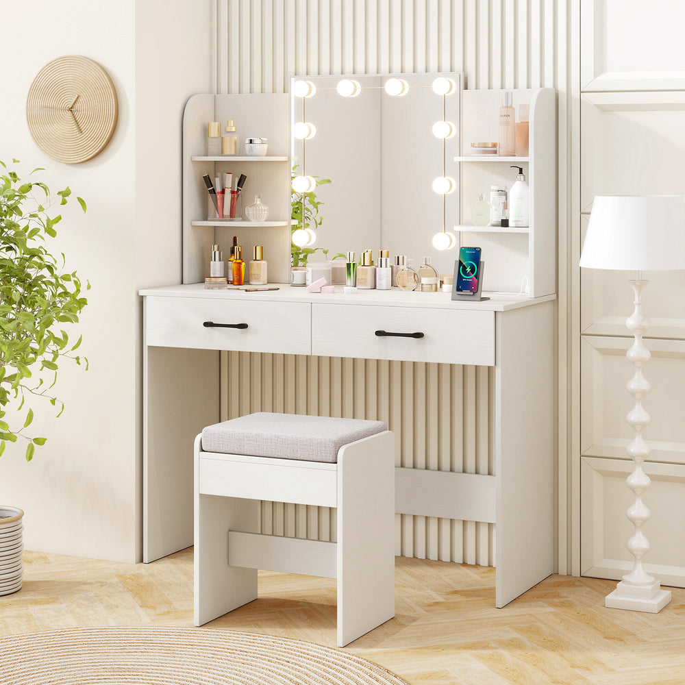 Vanity Set with Lighted Mirror and Stool with Power Outlet-White - Gallery View 1 of 11