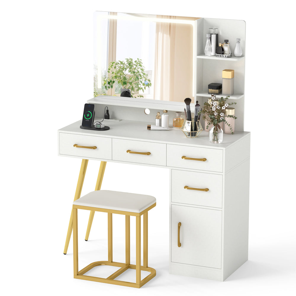 Vanity set with large adjustable mirror and LED lights, featuring a white finish and gold accents for stylish makeup.