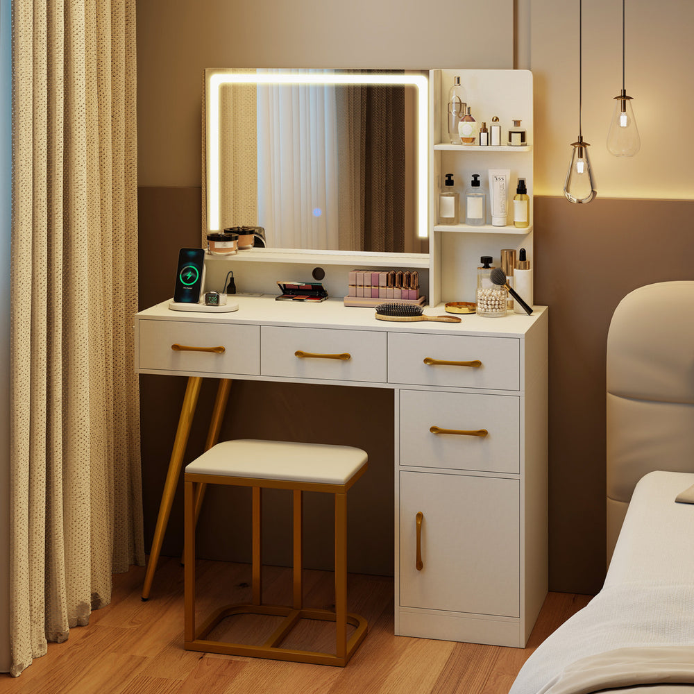 Vanity set with large adjustable mirror and LED lights, featuring organized storage and a cozy padded stool for makeup.