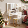 Vanity set with adjustable LED mirror, white finish, gold legs, and padded stool for stylish makeup organization.