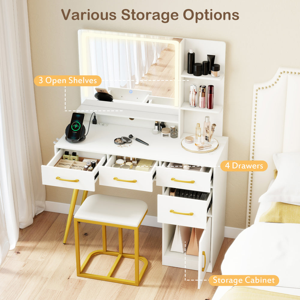 Vanity set with adjustable LED mirror, featuring 4 drawers, 3 open shelves, and a cozy padded seat for organized.