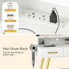 Vanity set with large mirror, adjustable LED lights, and hair dryer rack for organized makeup space.