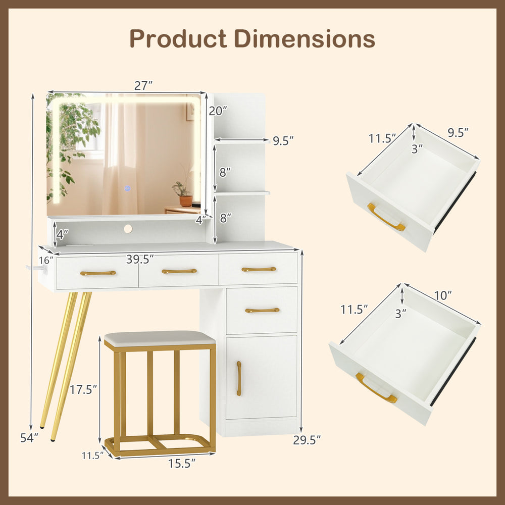 Vanity set dimensions with large mirror, adjustable LED light, and organized storage for a tidy makeup area.