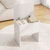 White flip top storage stool with cushioned seat, featuring hidden storage and smooth metal hinges for easy access.