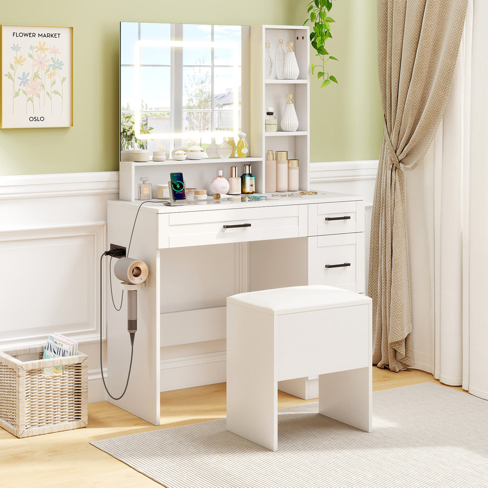 Compact white stool with soft padded seat and hidden storage, perfect as a shoe bench or side table for small areas.
