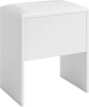White vanity stool with flip top storage, cushioned seat, and non-slip foot pads, ideal for small spaces.
