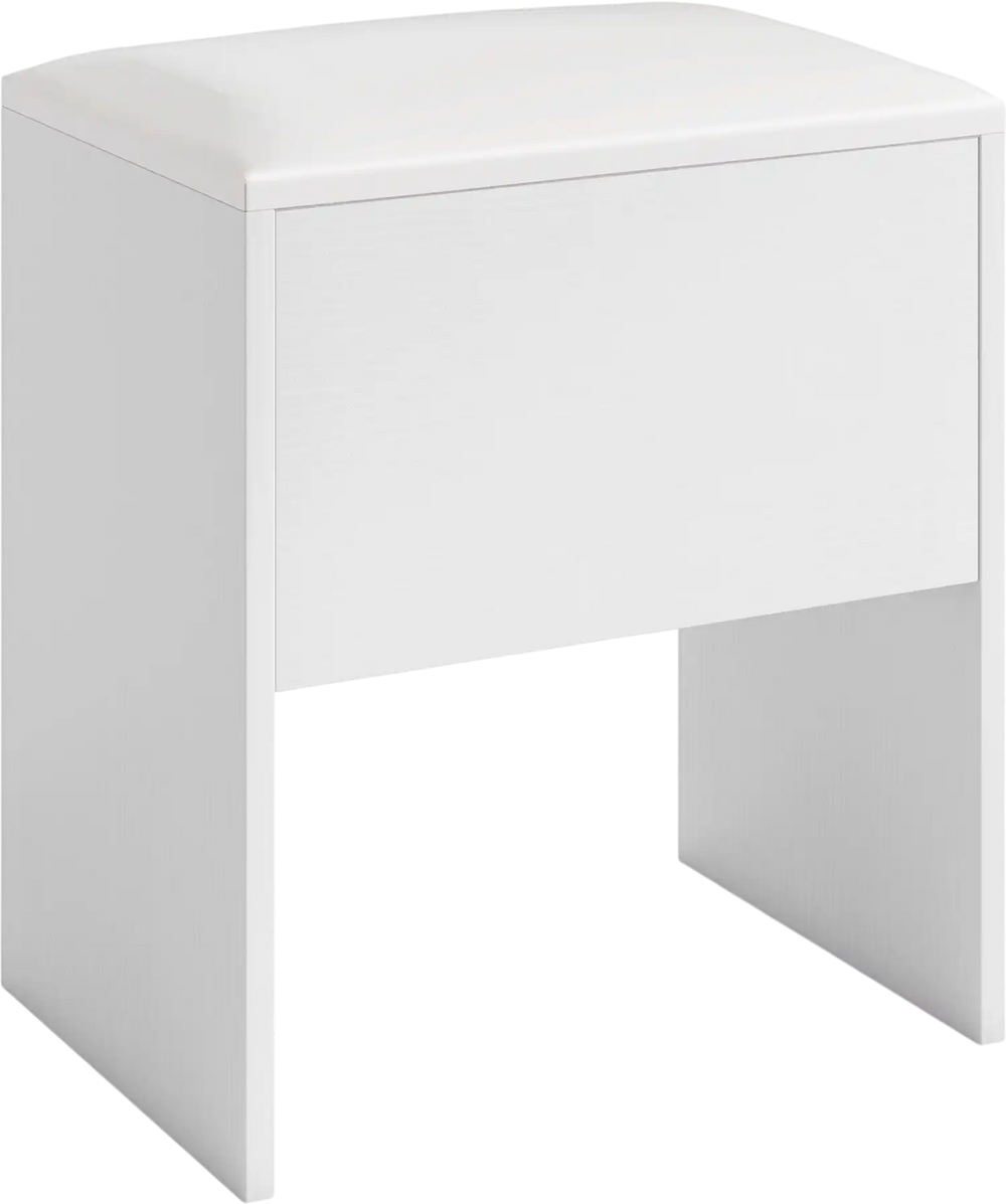 White vanity stool with flip top storage, cushioned seat, and non-slip foot pads, ideal for small spaces.