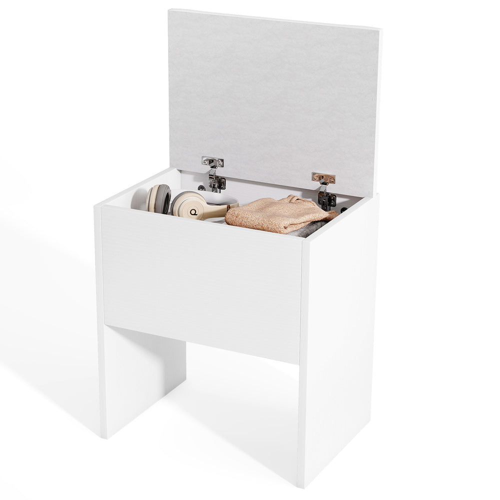 White vanity stool with flip-top storage, cushioned seat, and compact design for versatile use in small spaces.