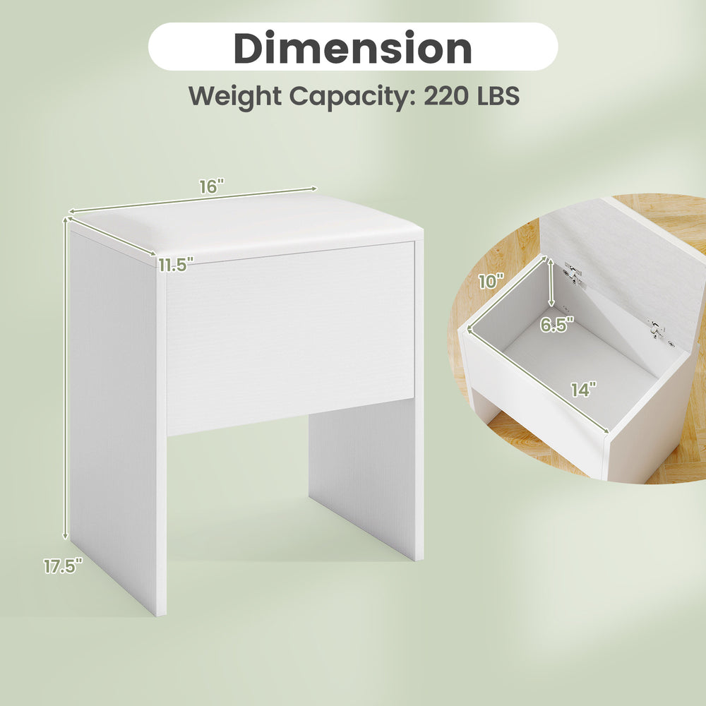 White vanity stool with flip top storage, cushioned seat, and compact design, ideal for small spaces and versatile use.