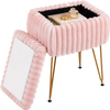 Plush beige and pink vanity stool with storage and reversible lid, featuring sturdy metal legs for versatile use.