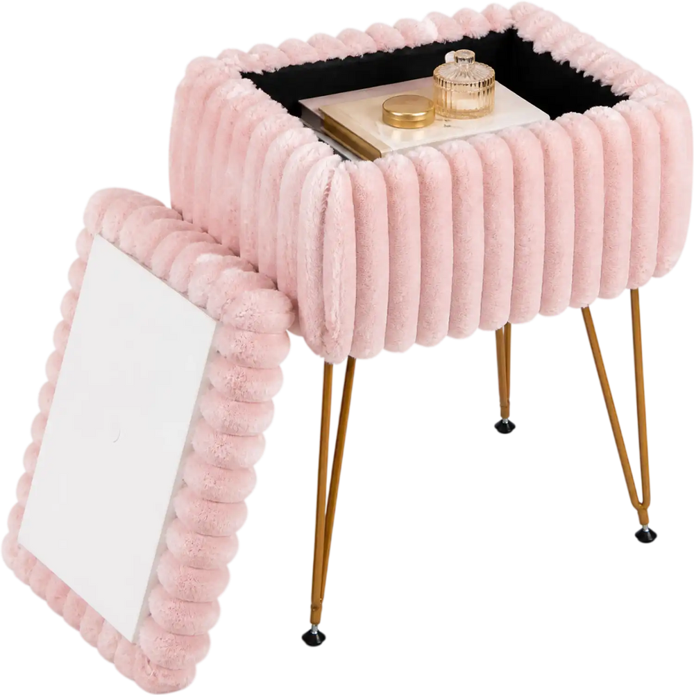 Plush beige and pink vanity stool with storage and reversible lid, featuring sturdy metal legs for versatile use.