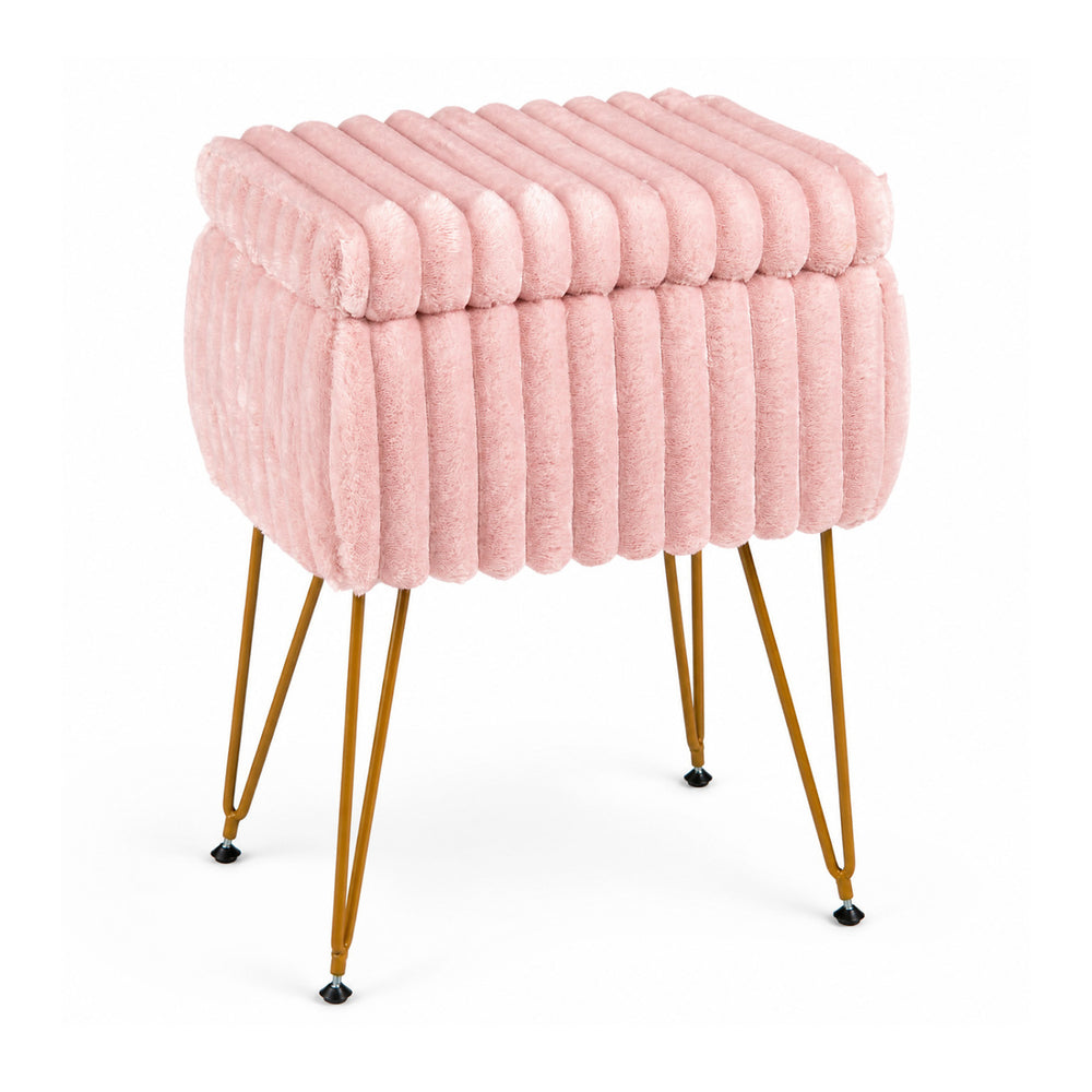 Plush pink vanity stool with storage and reversible lid, featuring sturdy metal legs for versatile use as a footrest or end table.