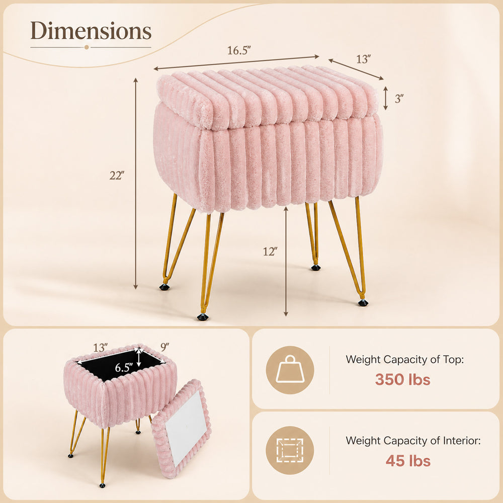 Beige and pink vanity stool with storage, plush upholstery, and sturdy metal legs, ideal for versatile home use.