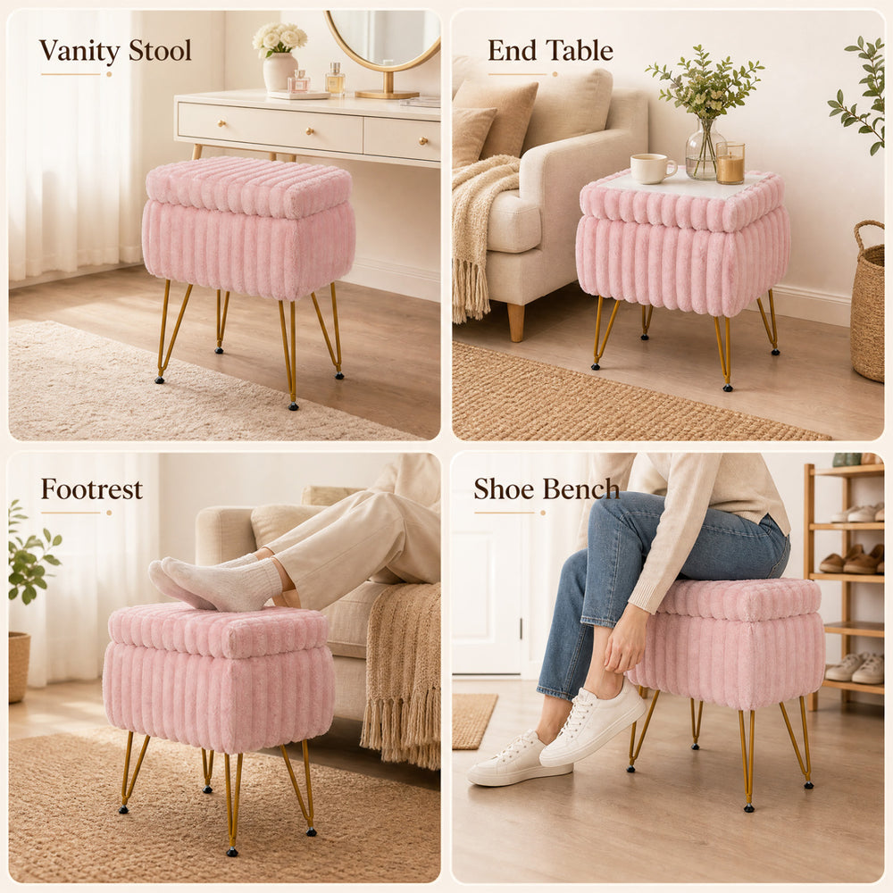 Cozy pink vanity stool with storage and reversible lid, perfect as a footrest or end table for versatile use.
