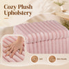 Cozy plush upholstery in beige and pink offers a soft, skin-friendly surface for this versatile vanity stool with storage.