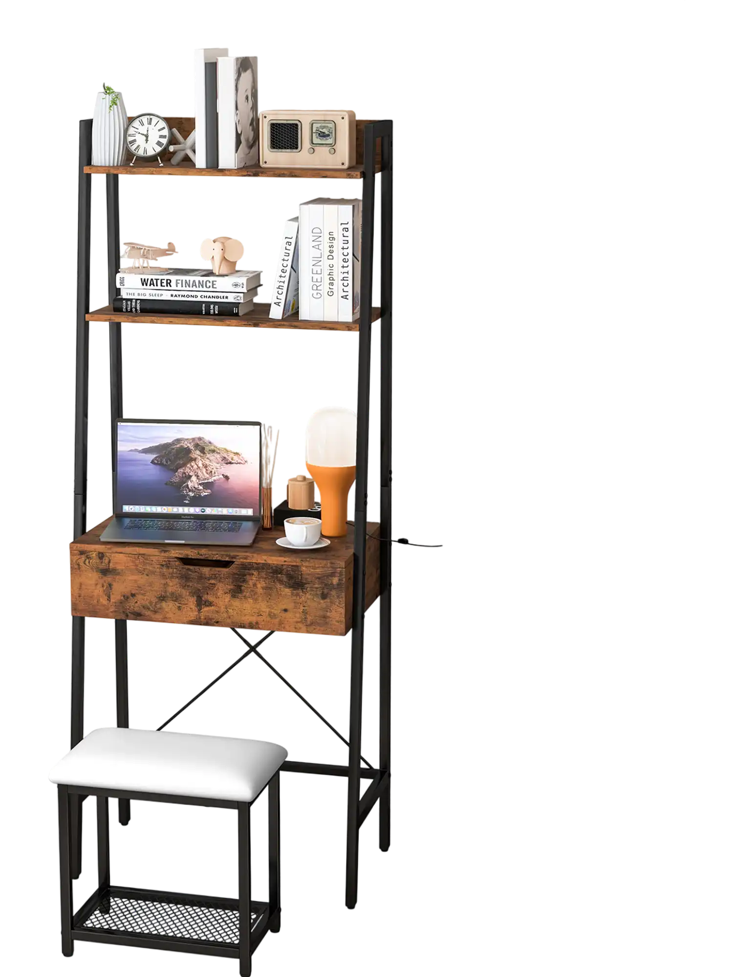 Costway Ladder Vanity Desk Set Flip Top Mirror Cushioned Stool Black 19362547 New