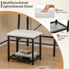 Cushioned stool with metal mesh storage shelf, part of the black ladder vanity desk set for versatile use.