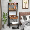 Ladder vanity desk set with flip top mirror, cushioned stool, and shelves for makeup storage in black finish.