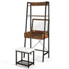 Ladder vanity desk set with flip top mirror, cushioned stool, and shelves for storage in black finish.