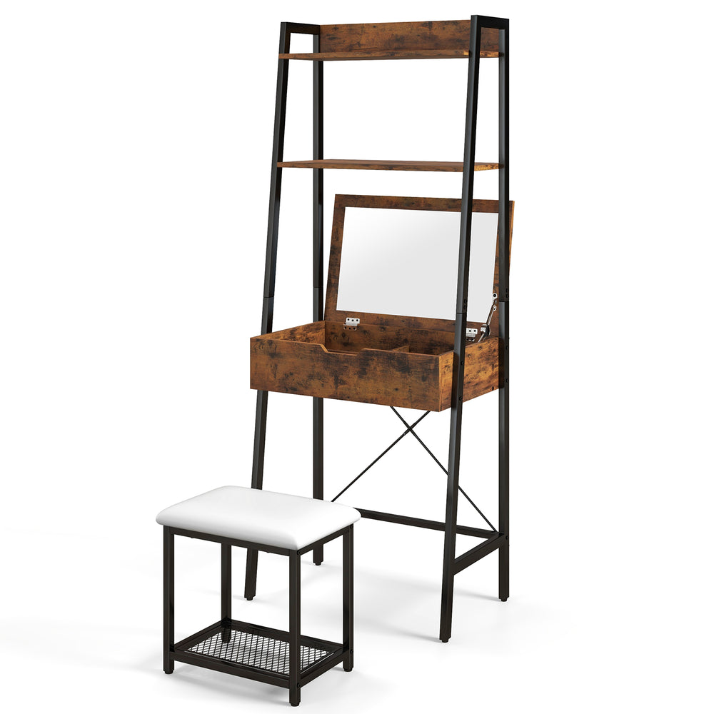 Ladder vanity desk set with flip top mirror, cushioned stool, and shelves for storage in black finish.