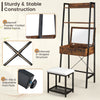 Ladder vanity desk set with flip top mirror, cushioned stool, and large storage shelves for versatile use.