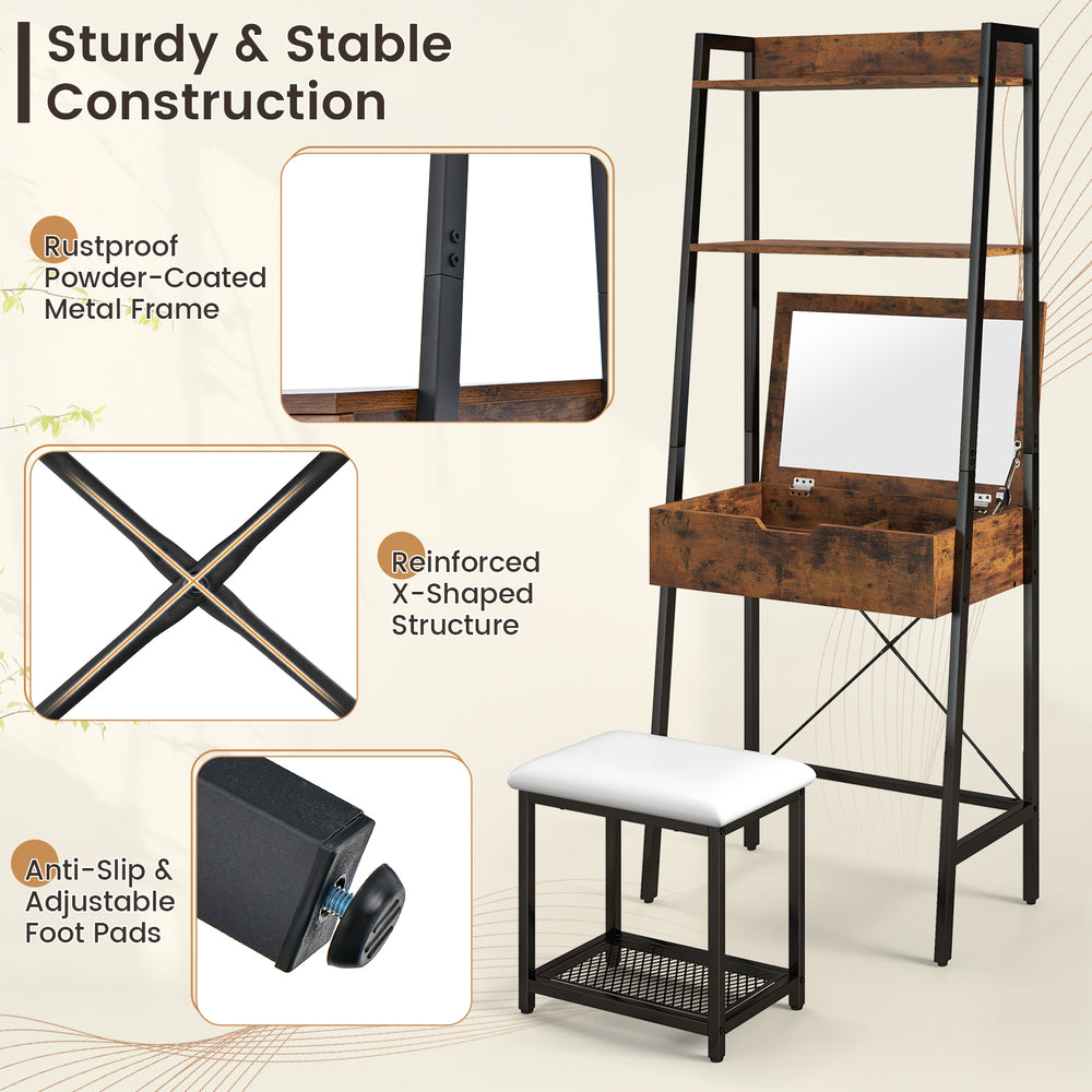 Ladder vanity desk set with flip top mirror, cushioned stool, and large storage shelves for versatile use.