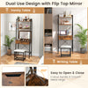 Ladder vanity desk set in black with flip top mirror, cushioned stool, and ample storage for versatile use.