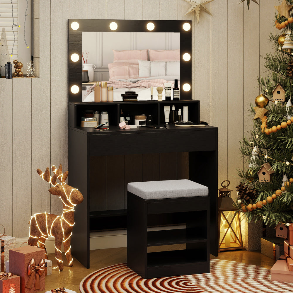 Vanity Table Set with Lighted Mirror and Cushion Stool-Black - Gallery View 1 of 11