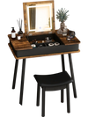 Vanity table set with flip-top mirror, LED lights, and cushioned stool, perfect for makeup and writing in rustic style.