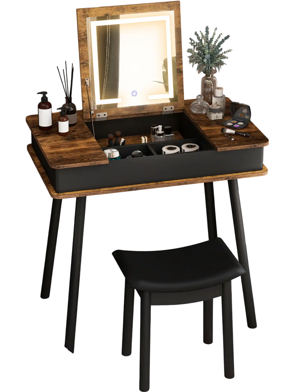 Vanity table set with flip-top mirror, LED lights, and cushioned stool, perfect for makeup and writing in rustic style.