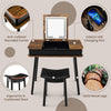 Vanity table set with flip-top mirror, USB charging port, and cushioned stool in rustic brown for stylish makeup.