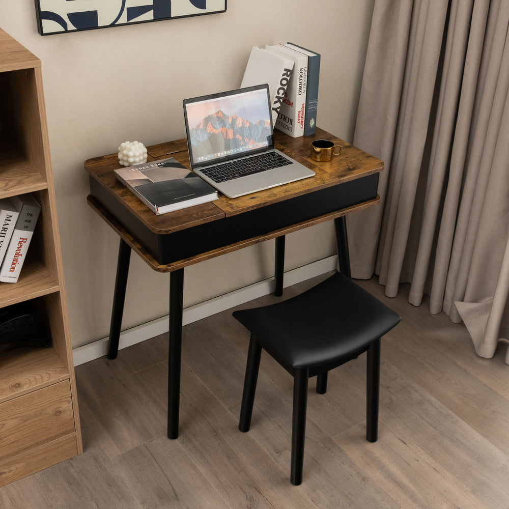 Vanity table set featuring a flip-top mirror, natural pine wood legs, and a cushioned stool for stylish home decor.
