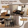 Vanity table with flip-top mirror, natural pine wood legs, and USB port for convenient charging in a rustic style.
