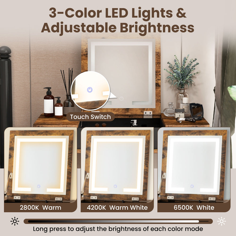 Vanity table set featuring a flip-top mirror with 3-color LED lights and USB port, designed for makeup and writing.