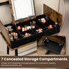 Concealed storage compartments in the brown vanity table set for organizing cosmetics and skincare products.