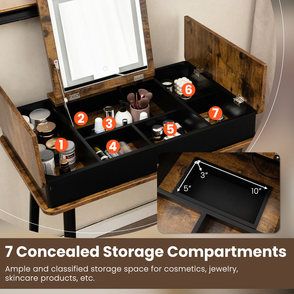 Concealed storage compartments in the brown vanity table set for organizing cosmetics and skincare products.