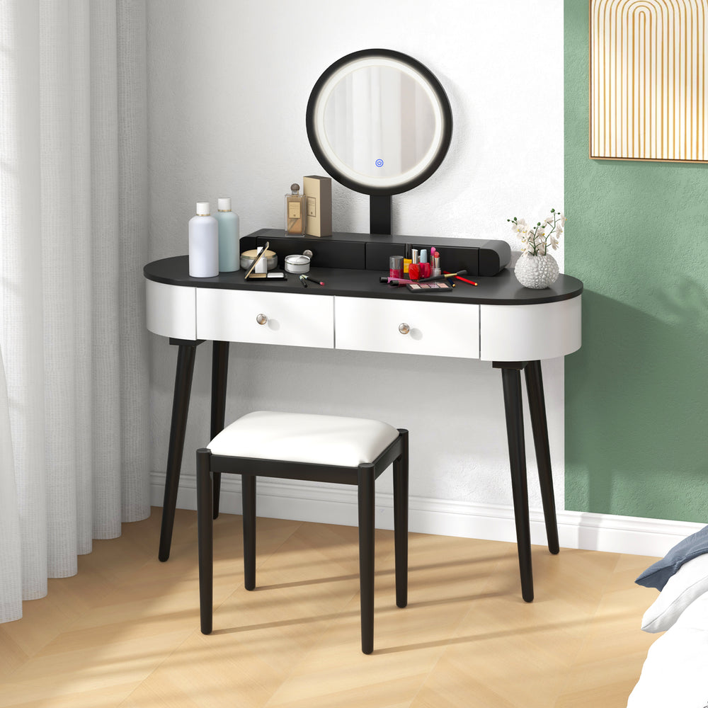 Side view of the Makeup Vanity Table Set in white and black, highlighting the spacious tabletop and elegant round LED.