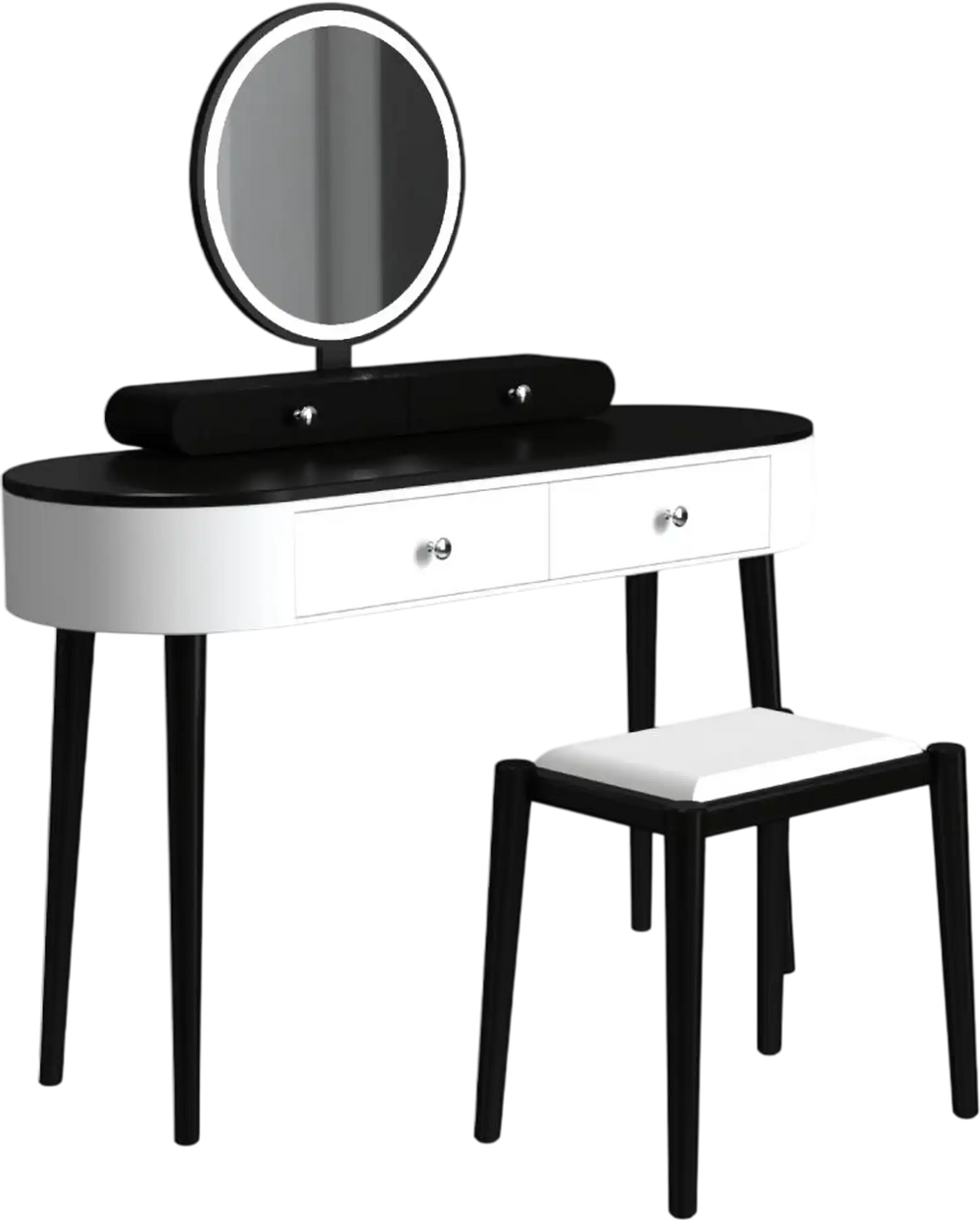 Makeup vanity table set in white and black with LED mirror, cushioned stool, and 3 spacious drawers for versatile use.