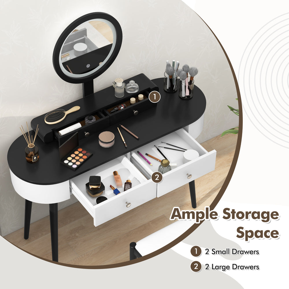 Makeup vanity table set in white and black with LED mirror, featuring 4 spacious drawers for ample storage.