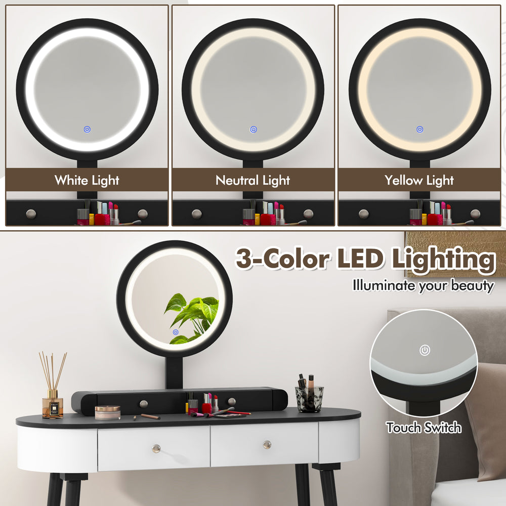 Makeup vanity table set featuring a 3-color LED mirror, cushioned stool, and spacious drawers for versatile use.
