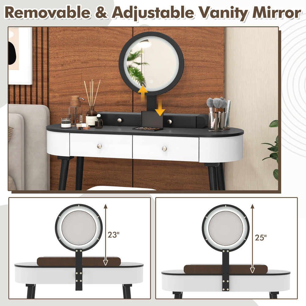 Adjustable LED mirror on a white and black makeup vanity table set with 3 spacious drawers for versatile use.