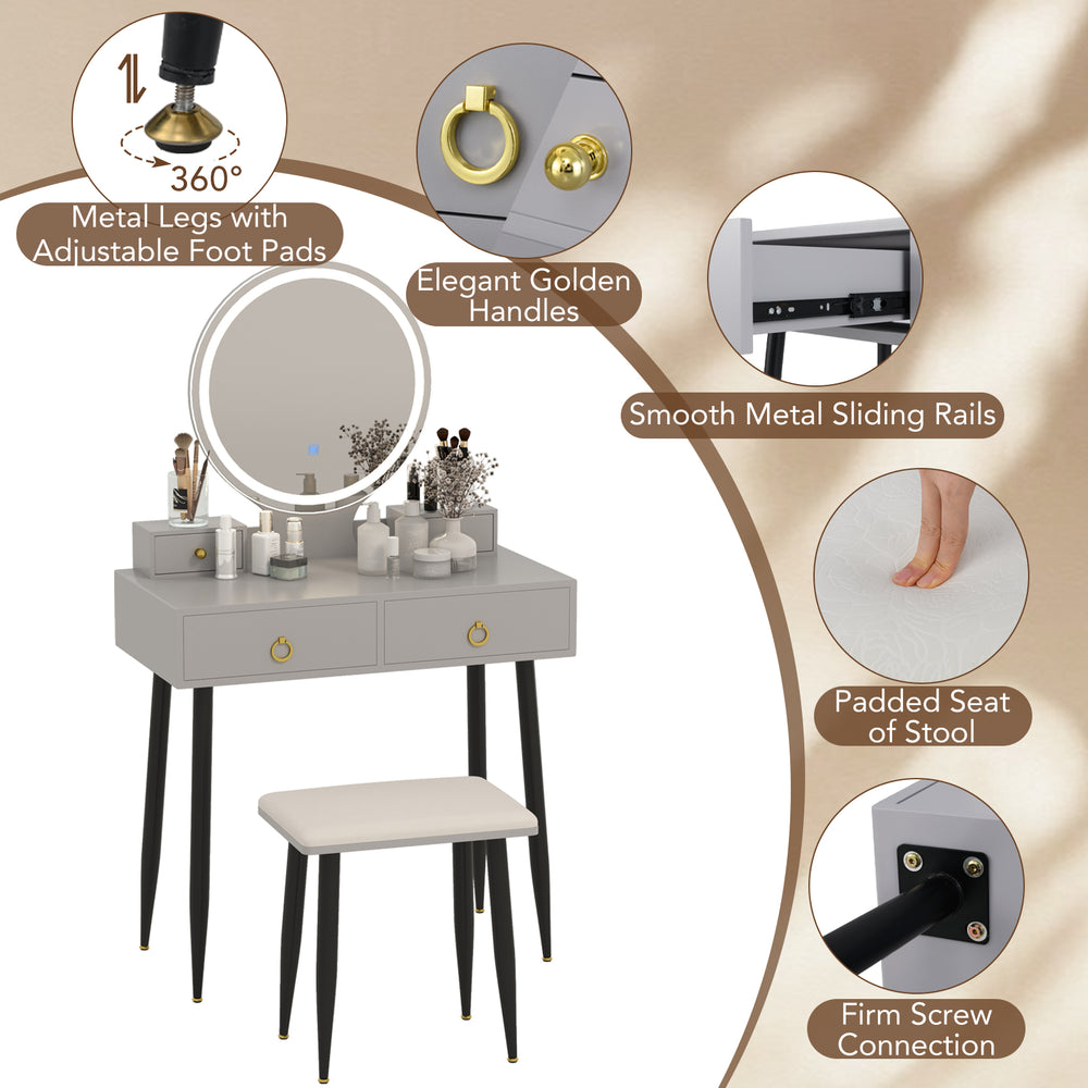 Vanity table set in gray with mirror, 4 drawers, padded stool, and adjustable foot pads for stability.