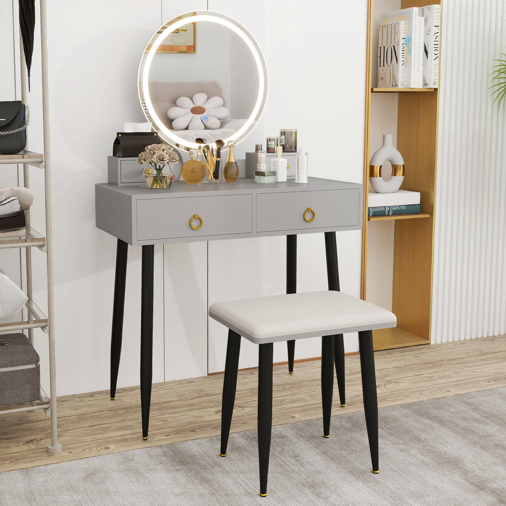 Vanity table set in gray with mirror, 4 drawers, and padded stool, featuring adjustable lights for versatile use.